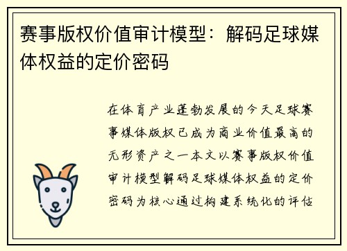 赛事版权价值审计模型：解码足球媒体权益的定价密码
